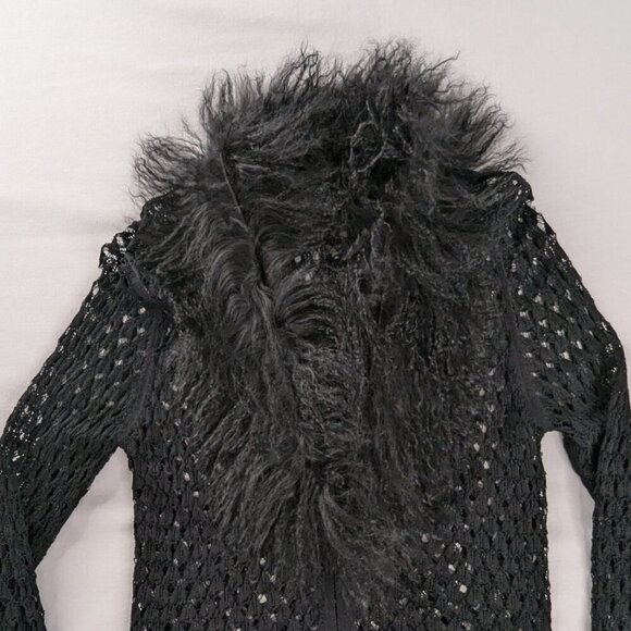VTG Guess Collection Black Crochet Open Knit Faux Fur Curly Trim Cardigan Y2k - Picture 4 of 8